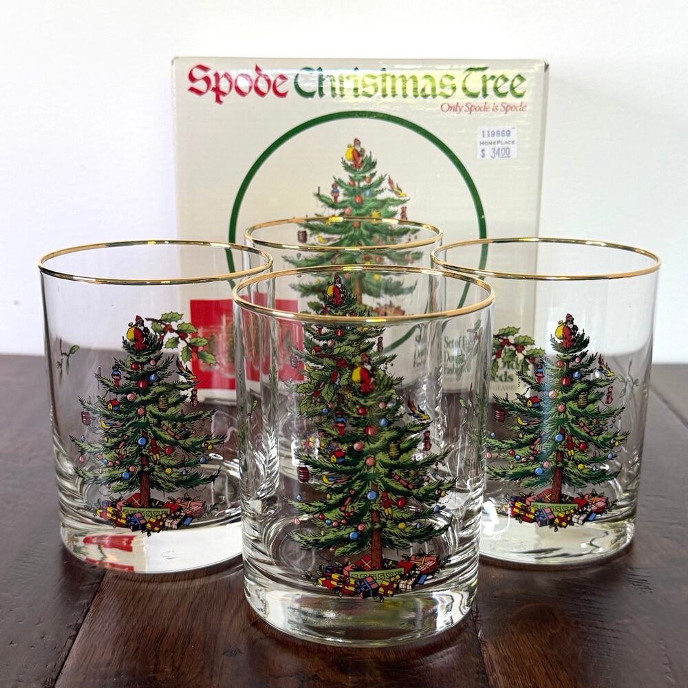 Spode Christmas Tree Set of 4 Double Old Fashioned Glasses with Gold Rim